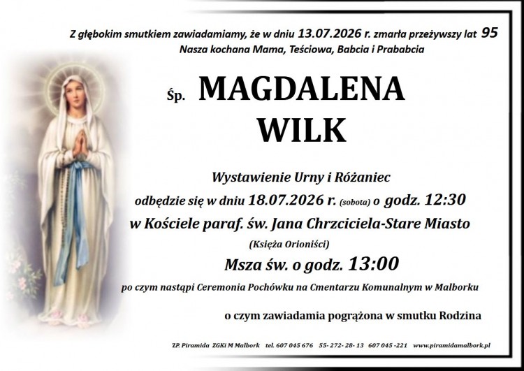 Zmarła Magdalena Wilk. Miała 95 lat.