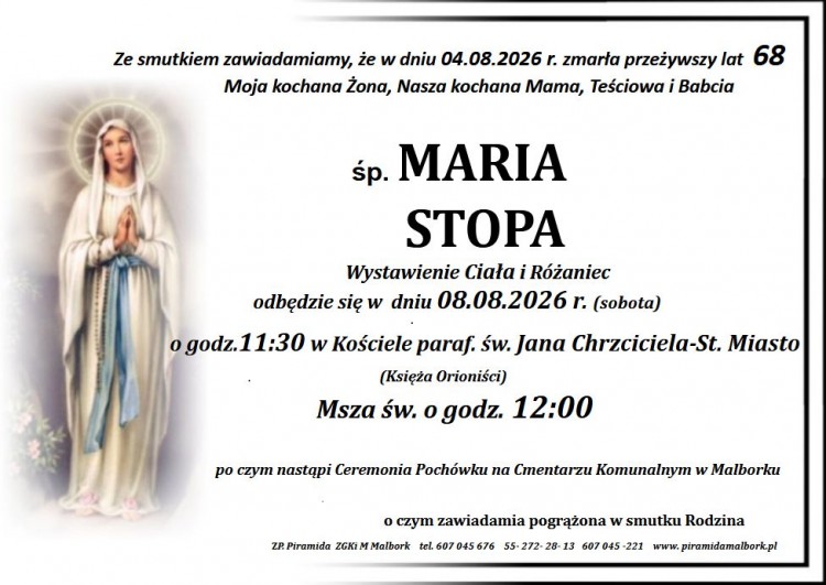 Zmarła Maria Stopa. Miała 68 lat.