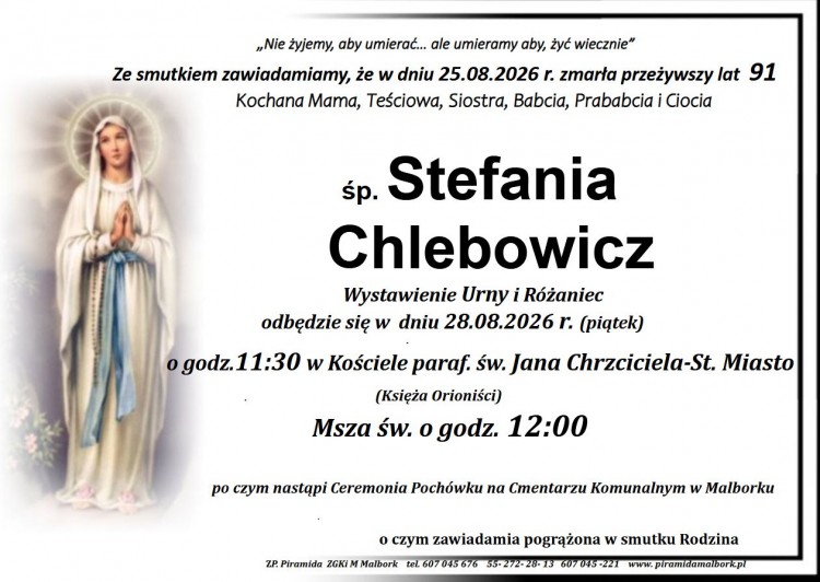 Zmarła Stefania Chlebowicz. Miała 91 lat.