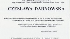 Zmarła Czesława Darnowska. Żyła 70 lat.