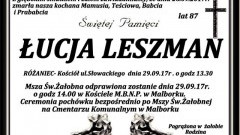 Zmarła Łucja Leszman. Żyła 87 lat.