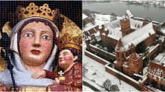 Monumentalna figura Madonny na zamku malborskim w zimowej aurze. 