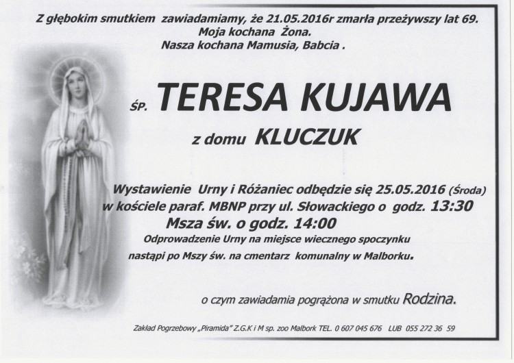 Zmarła Teresa Kujawa. Żyła 69 lat.