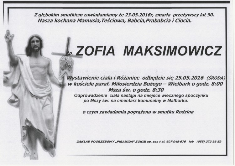 Zmarła Zofia Maksimowicz. Żyła 90 lat.