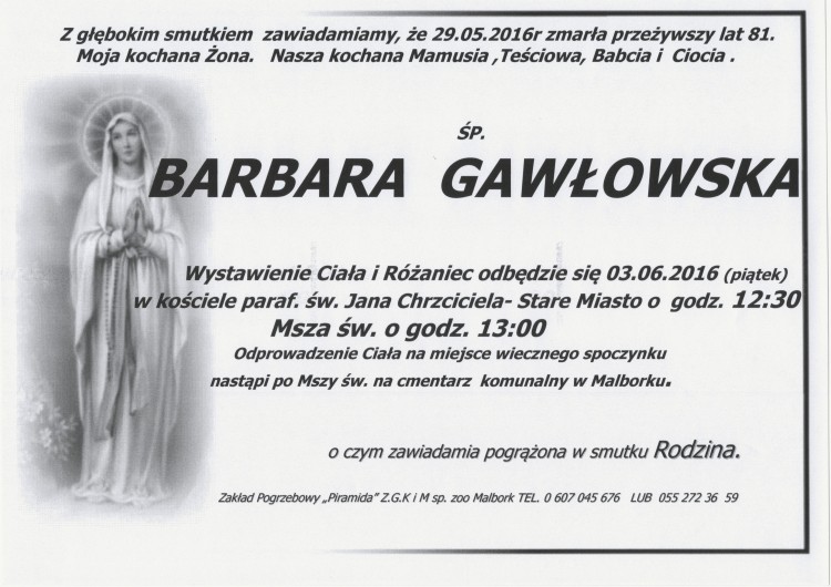 Zmarła Barbara Gawłowska. Żyła 81 lat.