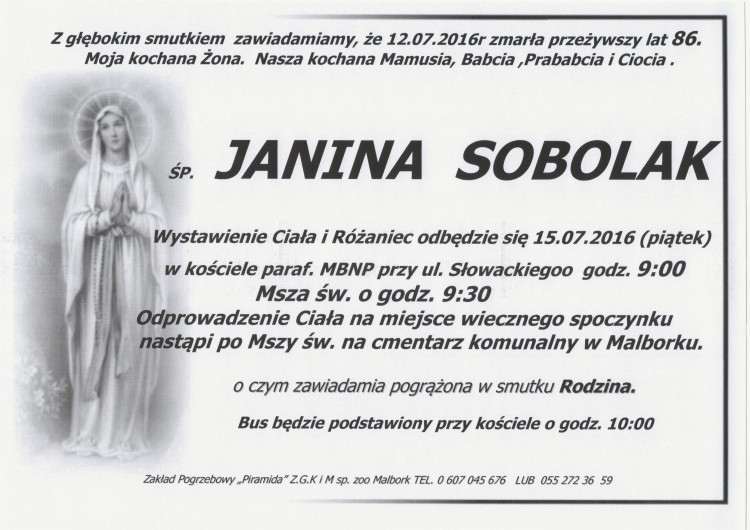 Zmarła Janina Sobolak. Żyła 86 lat