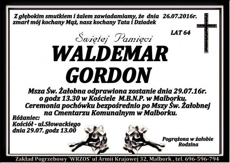 Zmarł Waldemar Gordon. Żył 64 lata