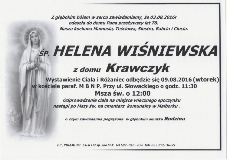 Zmarła Helena Wiśniewska. Żyła 78 lat.