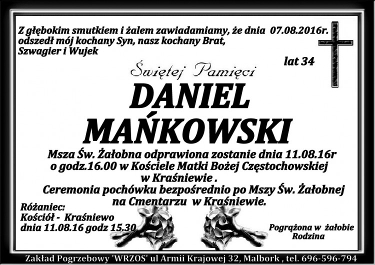 Zmarł Daniel Mańkowski. Żył 34 lata.