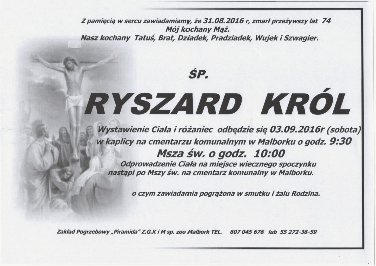 Zmarł Ryszard Król. Żył 74 lata.