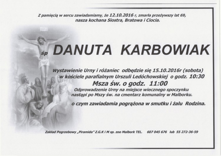 Zmarła Danuta Karbowiak. Żyła 69 lat