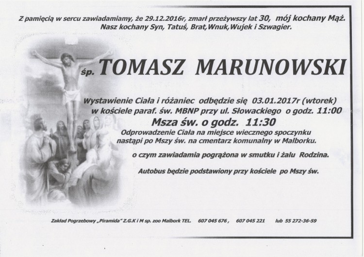 Zmarł Tomasz Marunowski. Żył 30 lat.