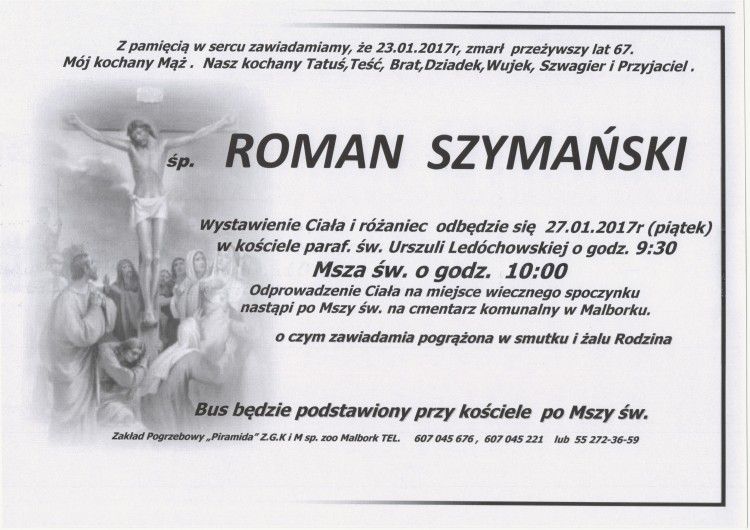 Zmarł Roman Szymański. Żył 67 lat.