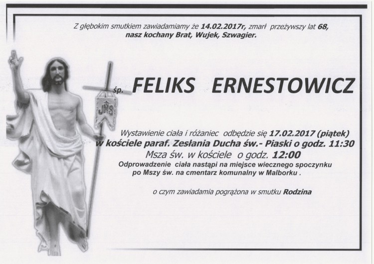 Zmarł Feliks Ernestowicz. Żył 68 lat.