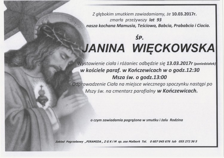 Zmarła Janina Więckowska. Żyła 93 lata.