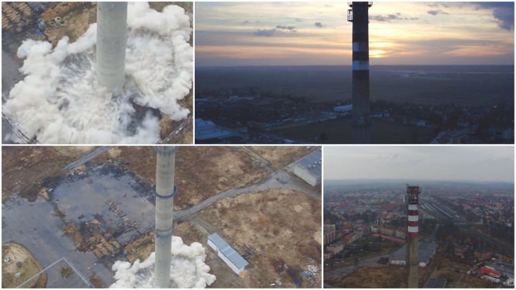 Wyburzenie komina dawnych WZPOW w Kwidzynie. Zobacz materiał wideo 
