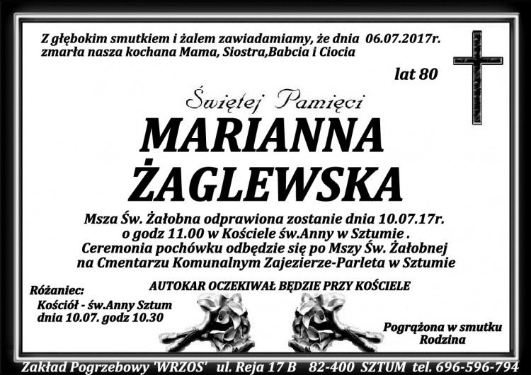 Zmarła Marianna Żaglewska. Żyła 80 lat