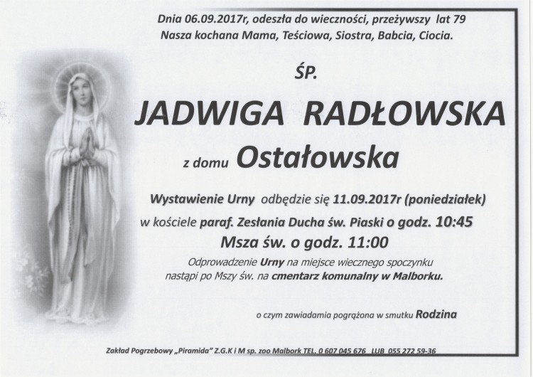 Zmarła Jadwiga Radłowska. Żyła 79 lat.