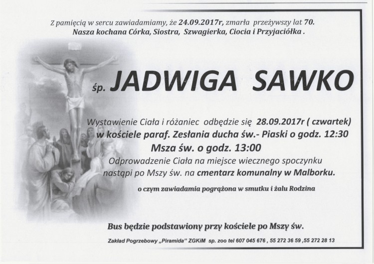 Zmarła Jadwiga Sawko. Żyła 70 lat