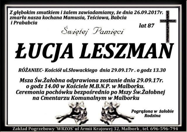 Zmarła Łucja Leszman. Żyła 87 lat.