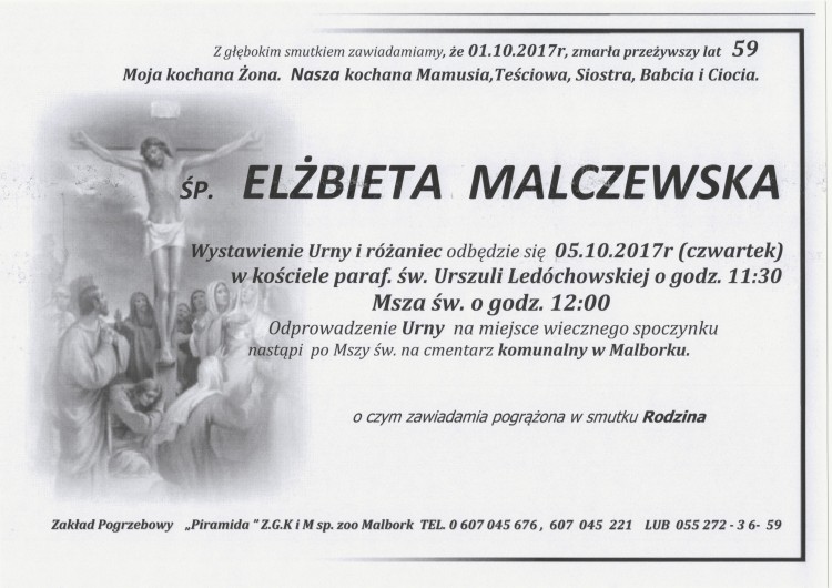 Zmarła Elżbieta Malczewska. Żyła 59 lat.