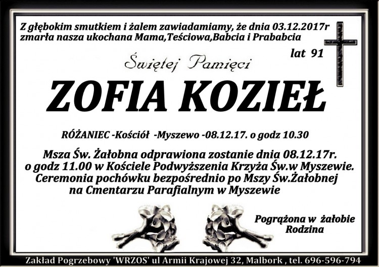 Zmarła Zofia Kozieł. Żyła 91 lat.