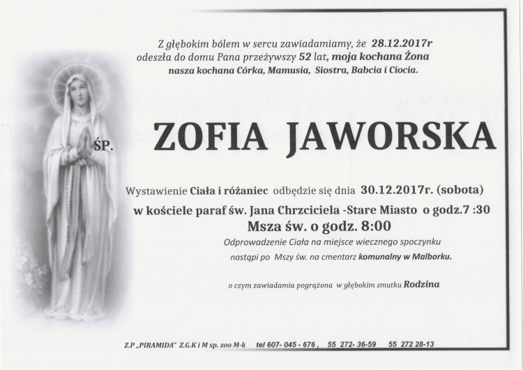 Zmarła Zofia Jaworska. Żyła 52 lat