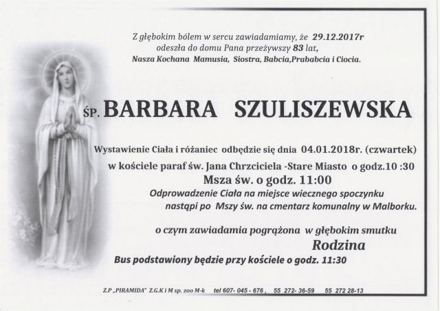 Zmarła Barbara Szuliszewska. Żyła 83 lat.