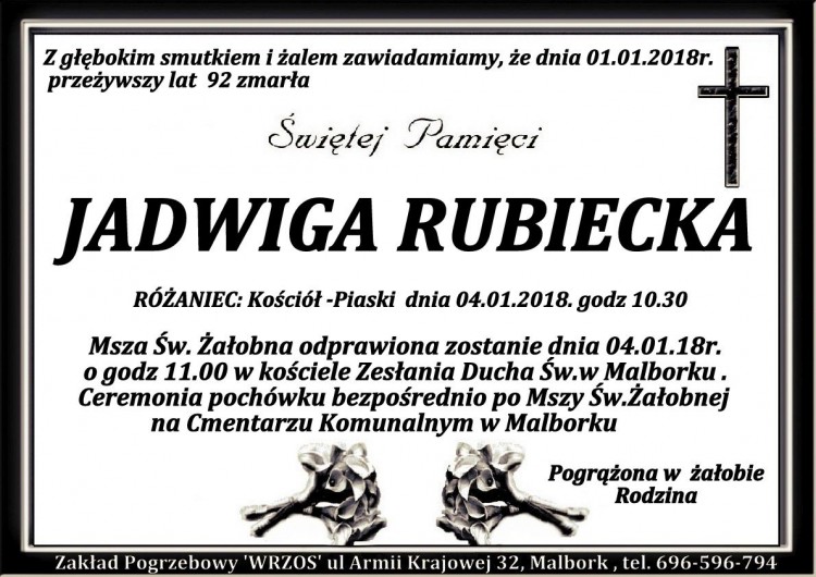 Zmarła Jadwiga Rubiecka. Żyła 92 lat.