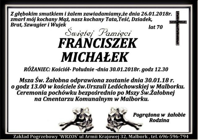 Zmarł Franciszek Michałek. Żył 70 lat.