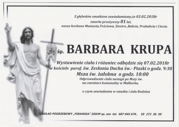 Zmarła Barbara Krupa. Żyła 81 lat.