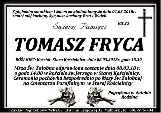 Zmarł Tomasz Fryca. Żył 23 lata.