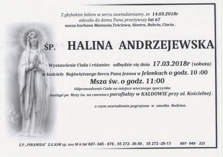 Zmarła Halina Andrzejewska. Żyła 67 lat. 