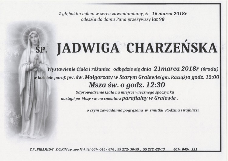 Zmarła Jadwiga Charzeńska. Żyła 98 lat