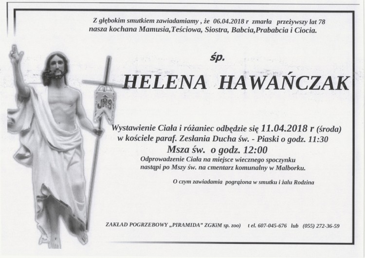 Zmarła Helena Hawańczak. Żyła 78 lat.