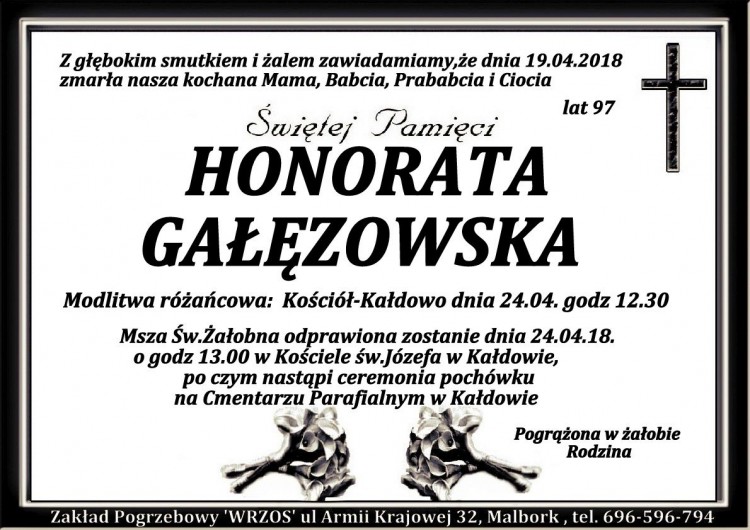 Zmarła Honorata Gałęzowska. Żyła 97 lat