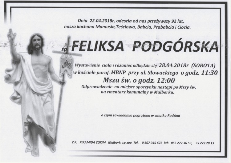 Zmarła Feliksa Podgórska. Żyła 92 lata.