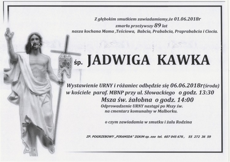 Zmarła Jadwiga Kawka. Żyła 89 lat.