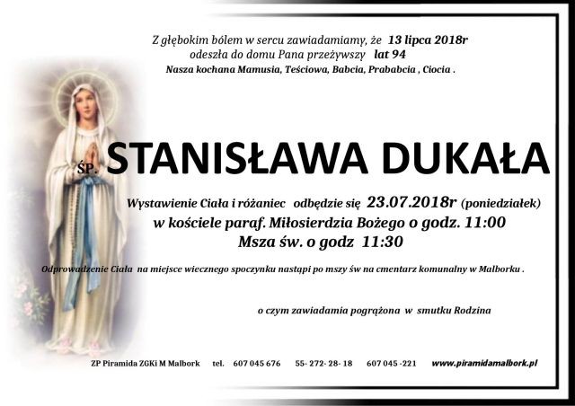 Zmarła Stanisława Dukała. Żyła 94 lata.