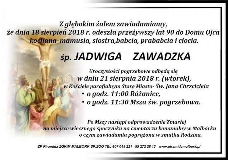 Zmarła Jadwiga Zawadzka. Żyła 90 lat.