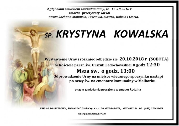 Zmarła Krystyna Kowalska. Żyła 68 lat.