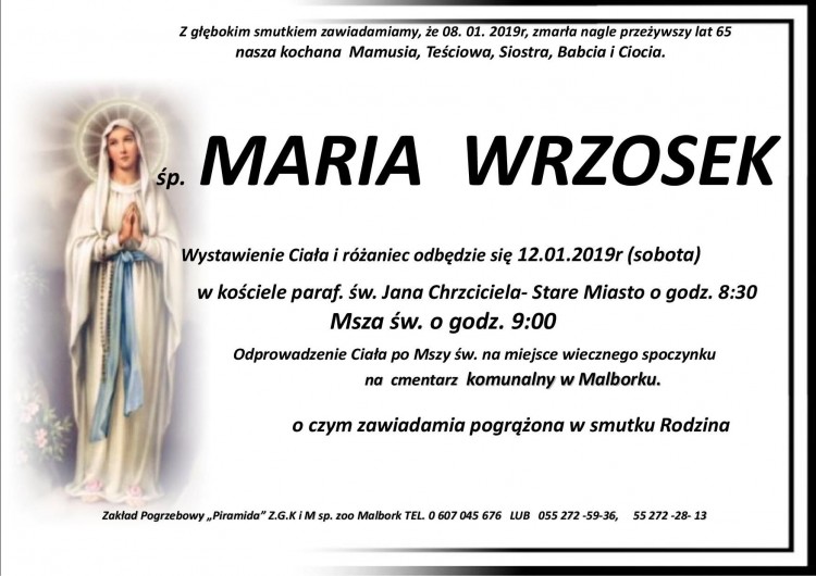 Zmarła Maria Wrzosek. Żyła 65 lat.