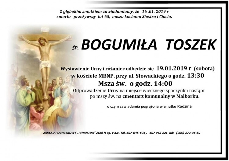 Zmarła Bogumiła Toszek. Żyła 65 lat.