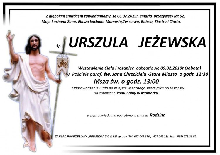 Zmarła Urszula Jeżewska. Żyła 62 lata.