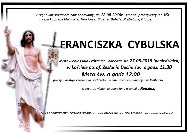 Zmarła Franciszka Cybulska. Żyła 93 lata.