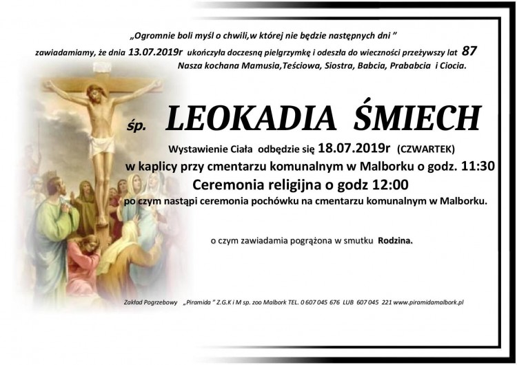 Zmarła Leokadia Śmiech. Żyła 87 lat.