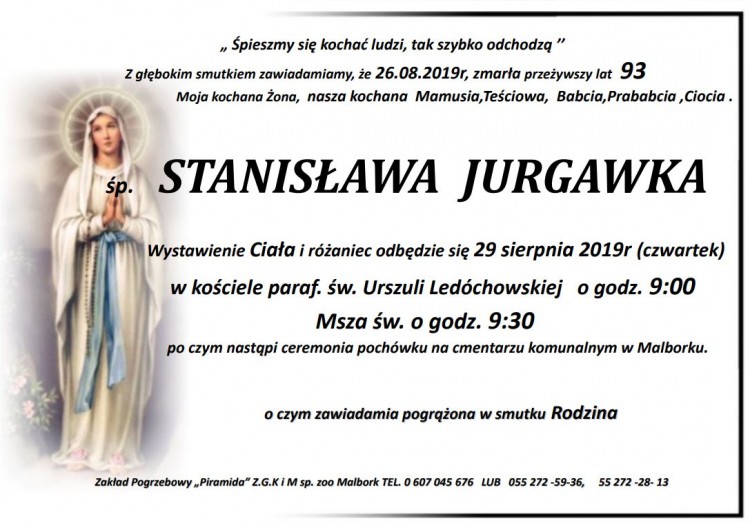 Zmarła Stanisława Jurgawka. Żyła 93 lata.