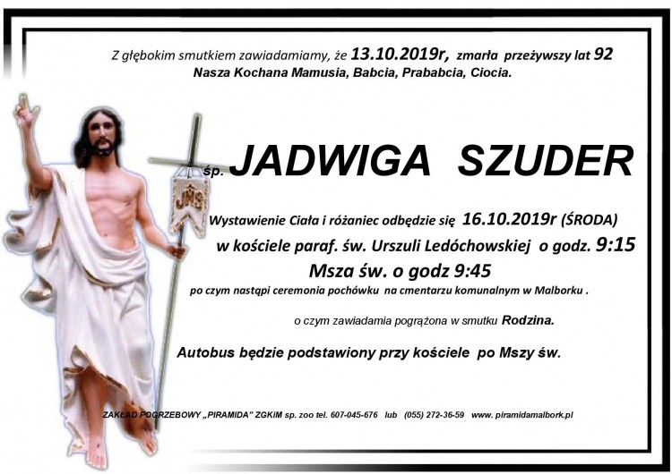 Zmarła Jadwiga Szuder. Żyła 92 lata.