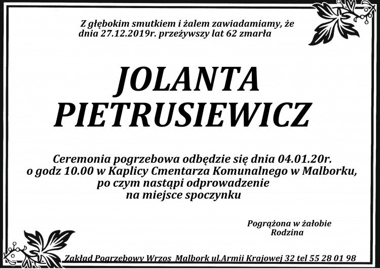 Zmarła Jolanta Pietrusiewicz. Żyła 62 lata.