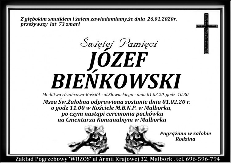 Zmarł Józef Bieńkowski. Żył 73 lata.